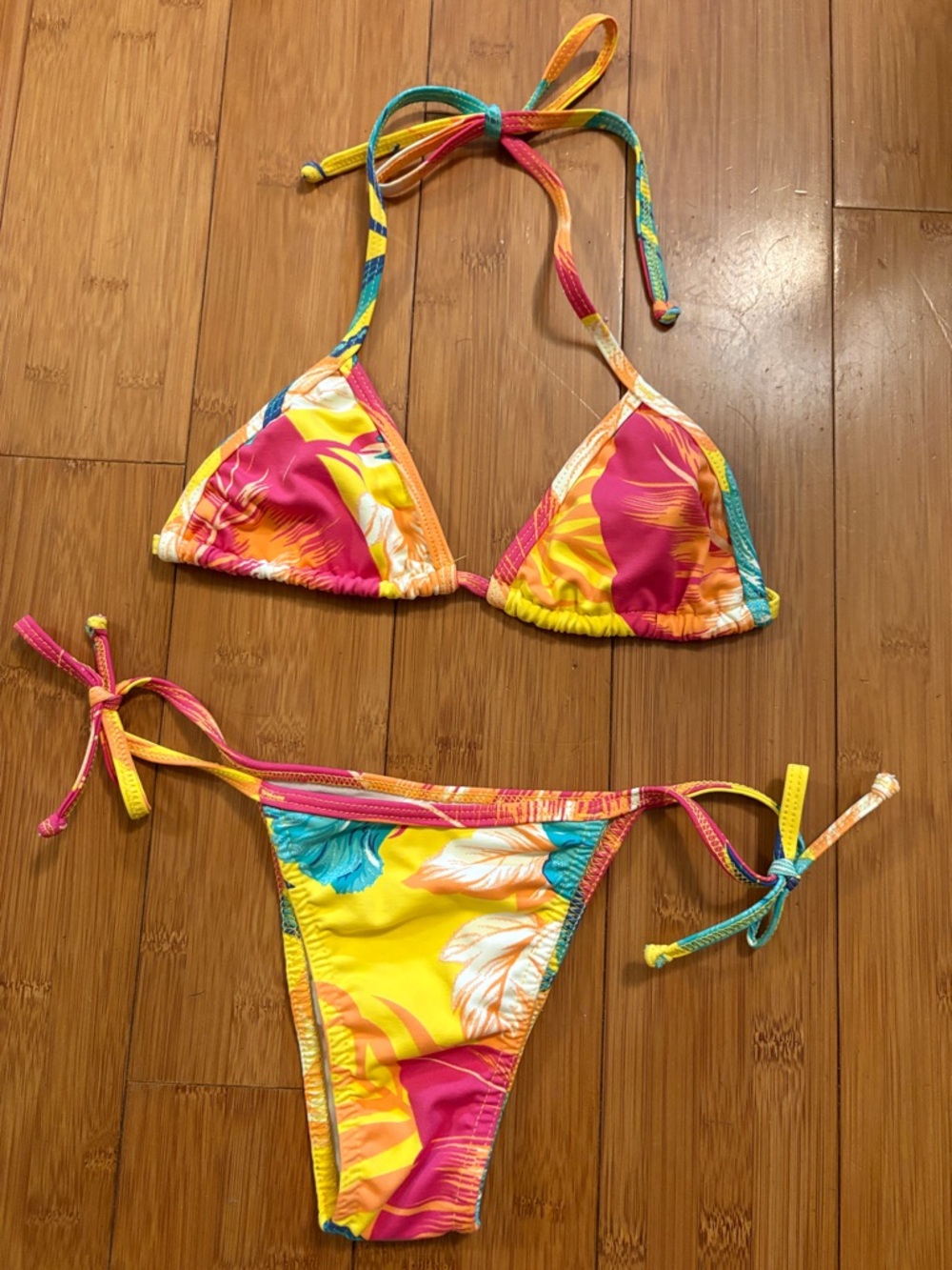 Tropical Tie-Side Kids Bikini in Yellow & Pink